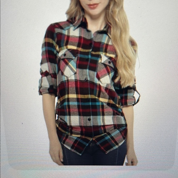 Matchstick Tops - Womens Multicolor Plaid Button-Down Shirt -Size Large